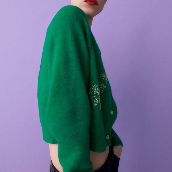 Green Zara Wool-Mix Bead Embellished Cropped Button-Front Sweater Cardigan (NWT) - Picture 5 of 10